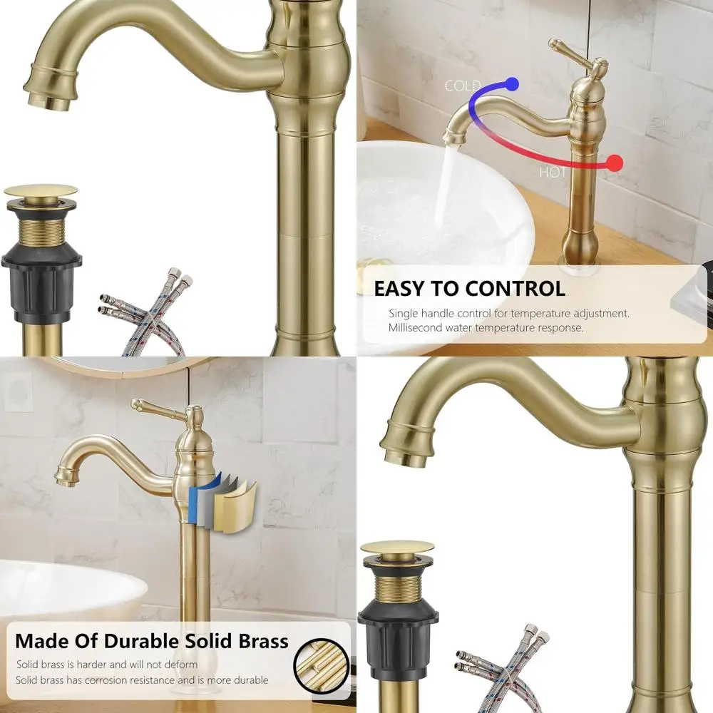 

Single Handle Brushed Gold Swivel Vessel Sink Faucet with Pop-Up Drain for Farmhouse Bathroom Vanity