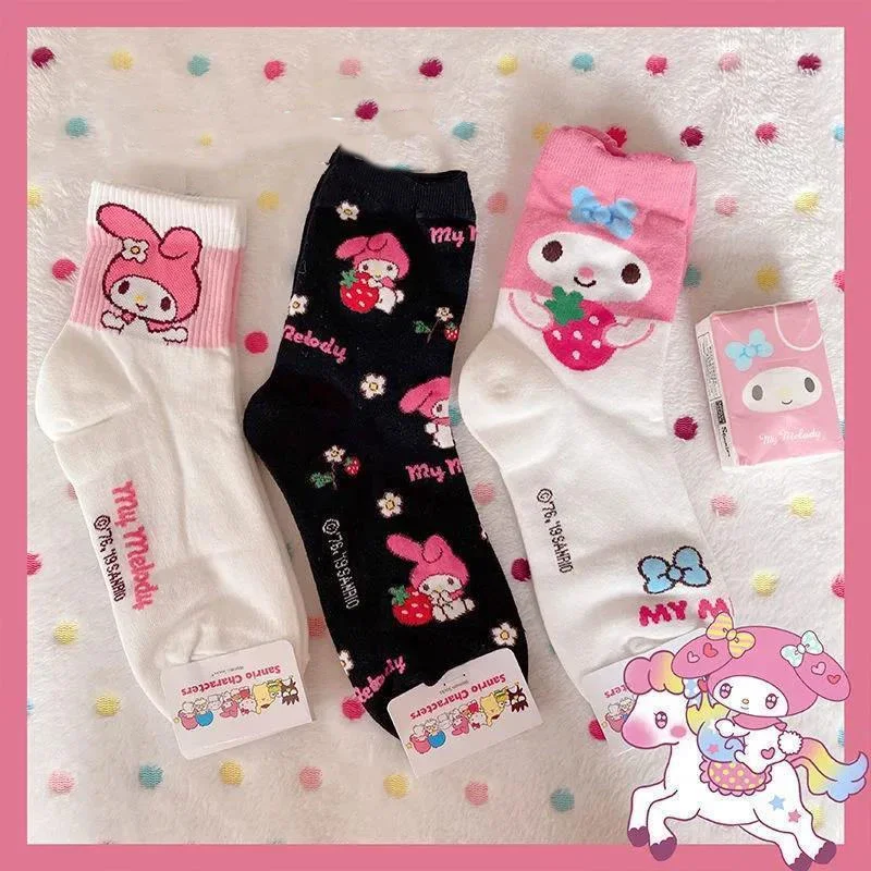 3pcs/set Anime Miniso Sanrio My Melody Around Short Socks Straight Socks Lace Mid Tube Socks Soft and Comfortable Breathable