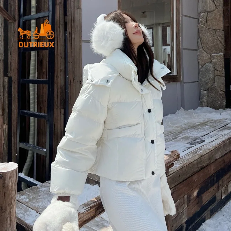 Winter Loose Stand-up Collar Detachable Hooded Short Woman Down Jacket, 90% White Goose Down Warm Windproof Fashion Jacket Women