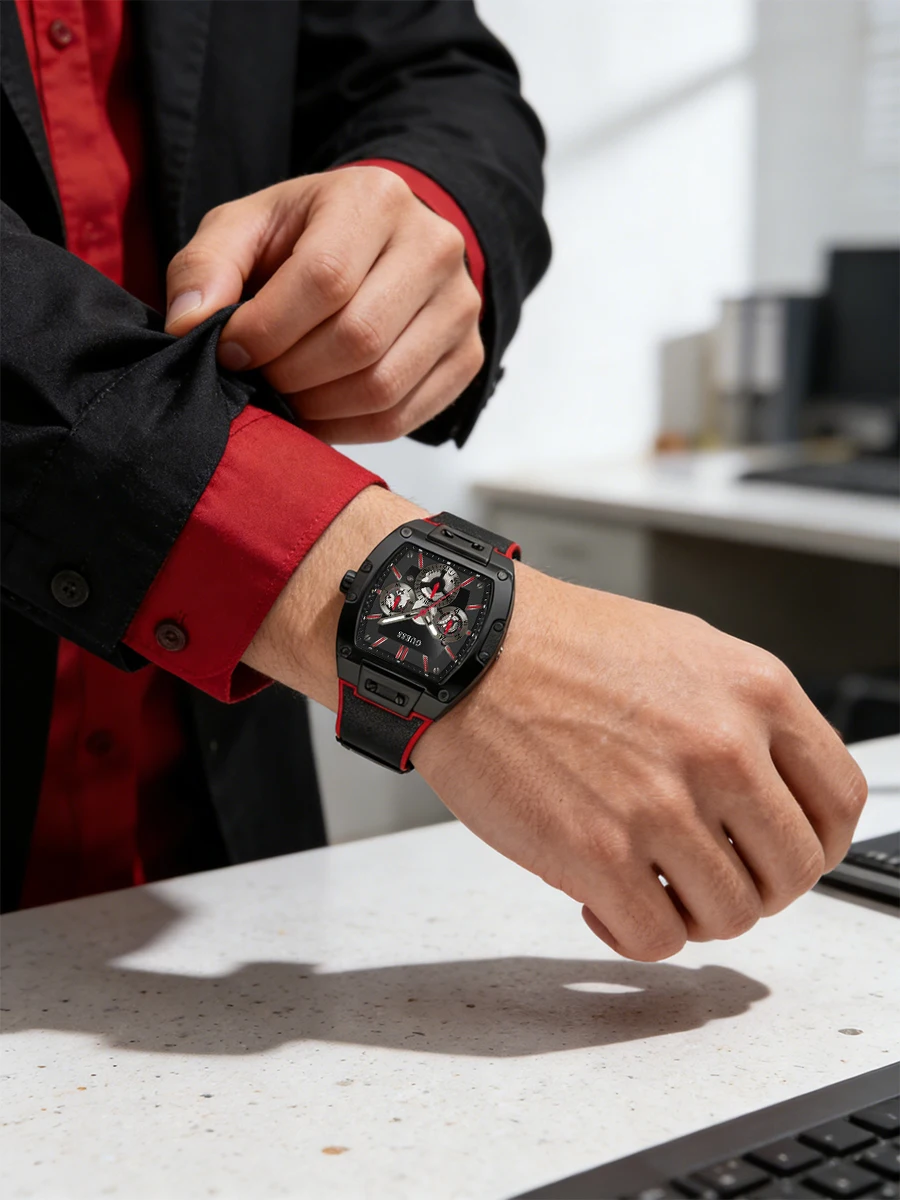 GUESS GW0202G7 Men's Chronograph Quartz Watch Black Red Square Dial Silicone Strap Sport Fashion Wristwatch Daily Wear or Gift