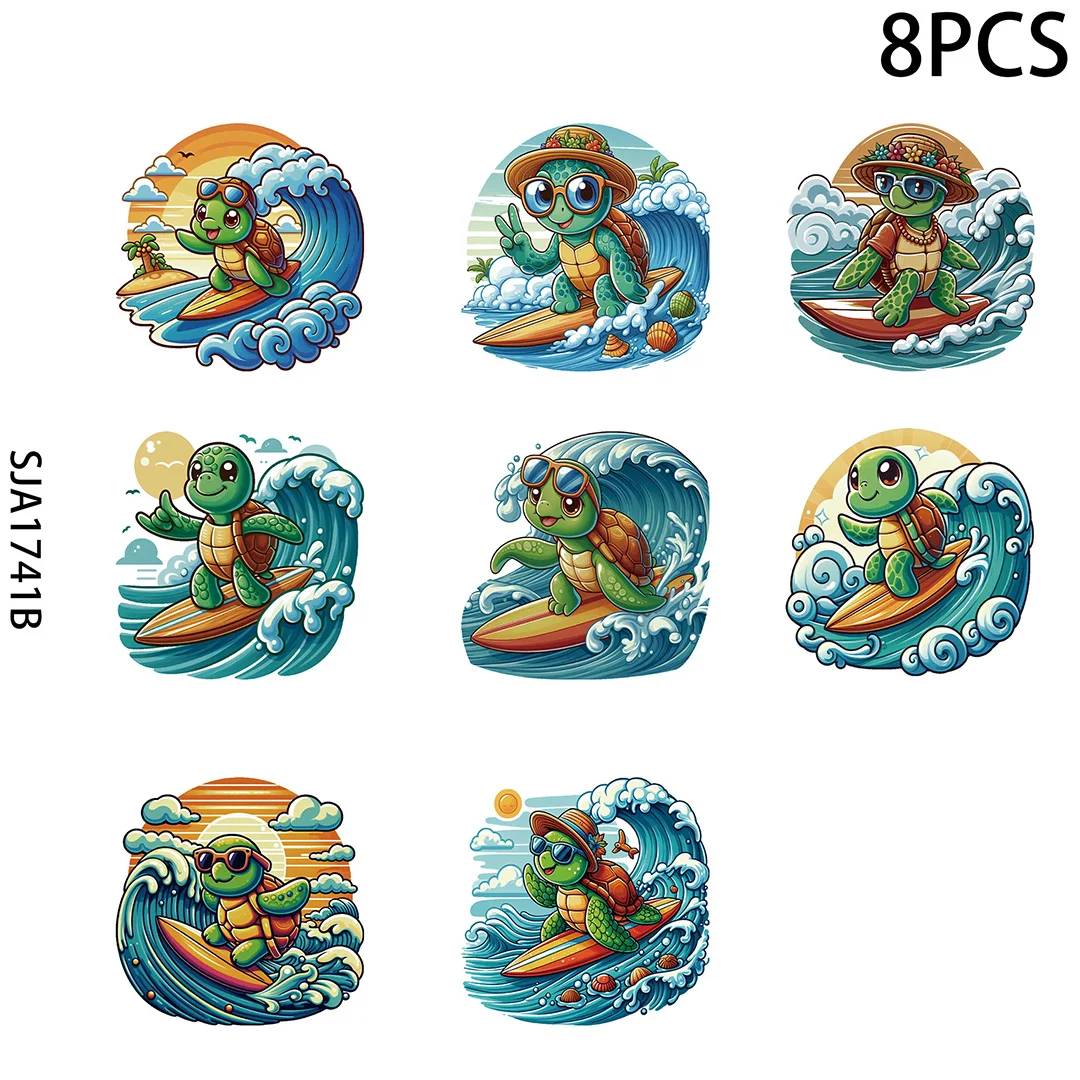 Cute cartoon, turtle surfing, summer beach UV DTF Cup Wraps for 16 OZ, 8 Sheets Decals Transfer Stickers for Glass Cups Tumblers