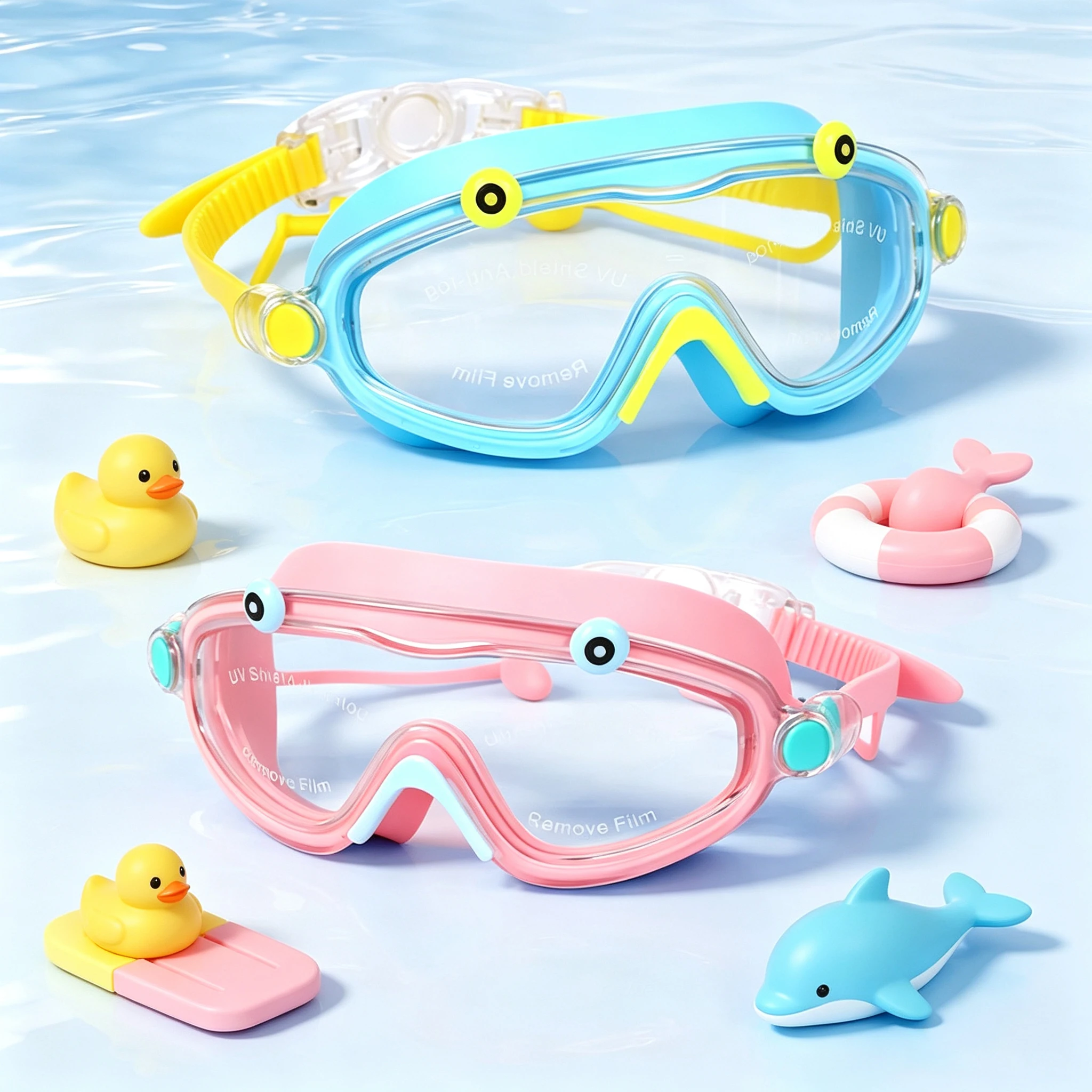 Kids Swim Goggles Boys Girls Anti Fog No Leak Big Frame HD View Adjustable Straps Silicone Snorkeling Earplugs Swimming Mask