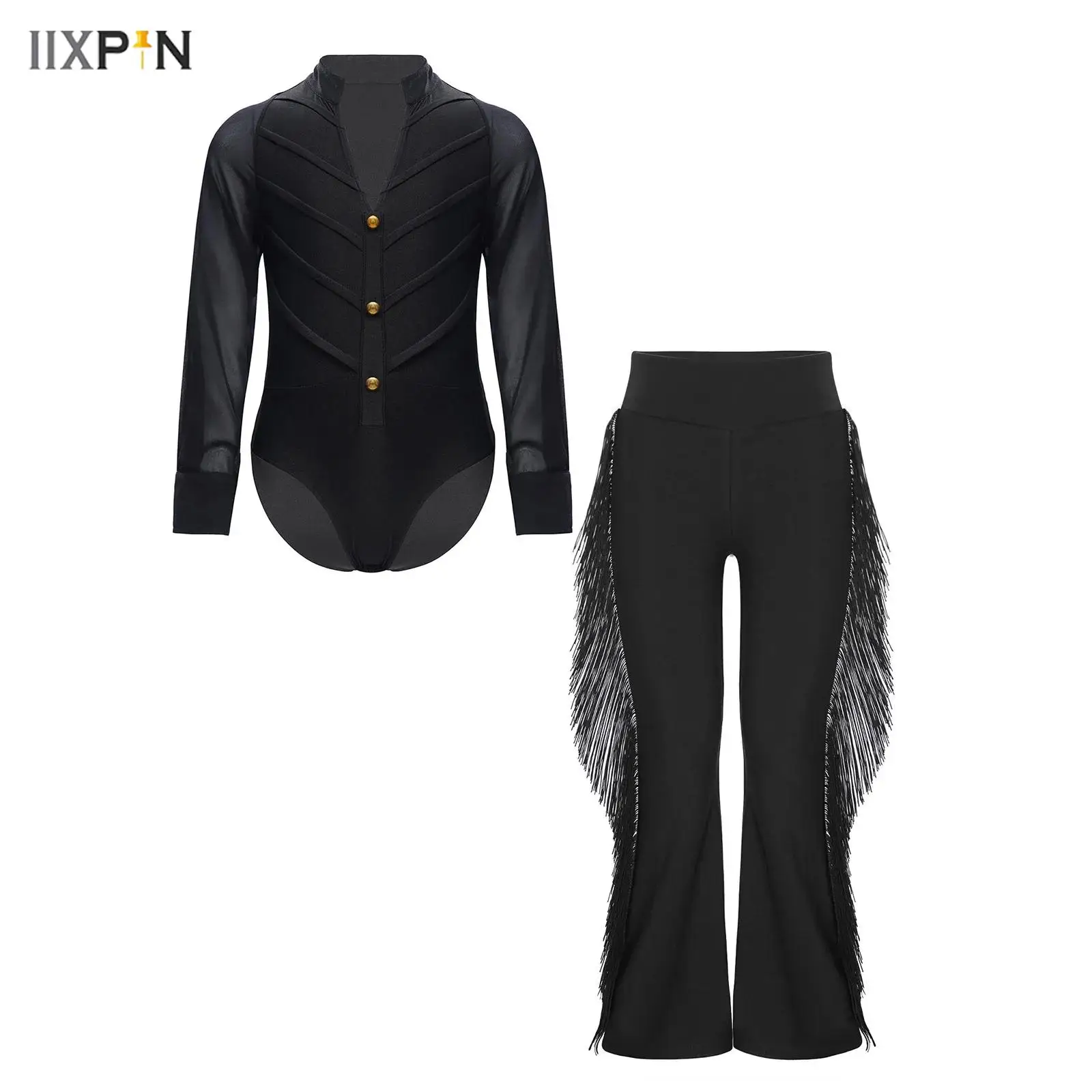 

Kids Boys Latin Jazz Ballroom Dance Costume Sheer Chiffon Long Sleeves Stand Collar Leotard with Tassels Bell-Bottom Pants Set