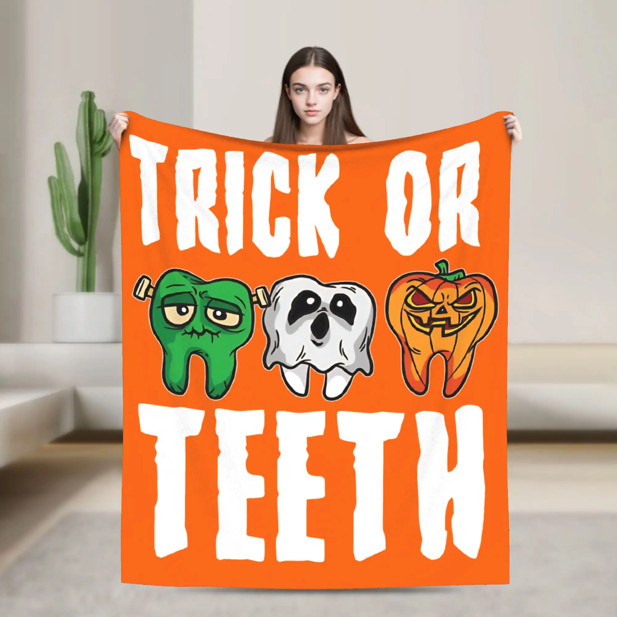 Trick or Teeth Dentist  Flannel Blankets Cartoon Teeth Helloween Vintage Throw Blankets for Home 125*100cm Rug Piece,