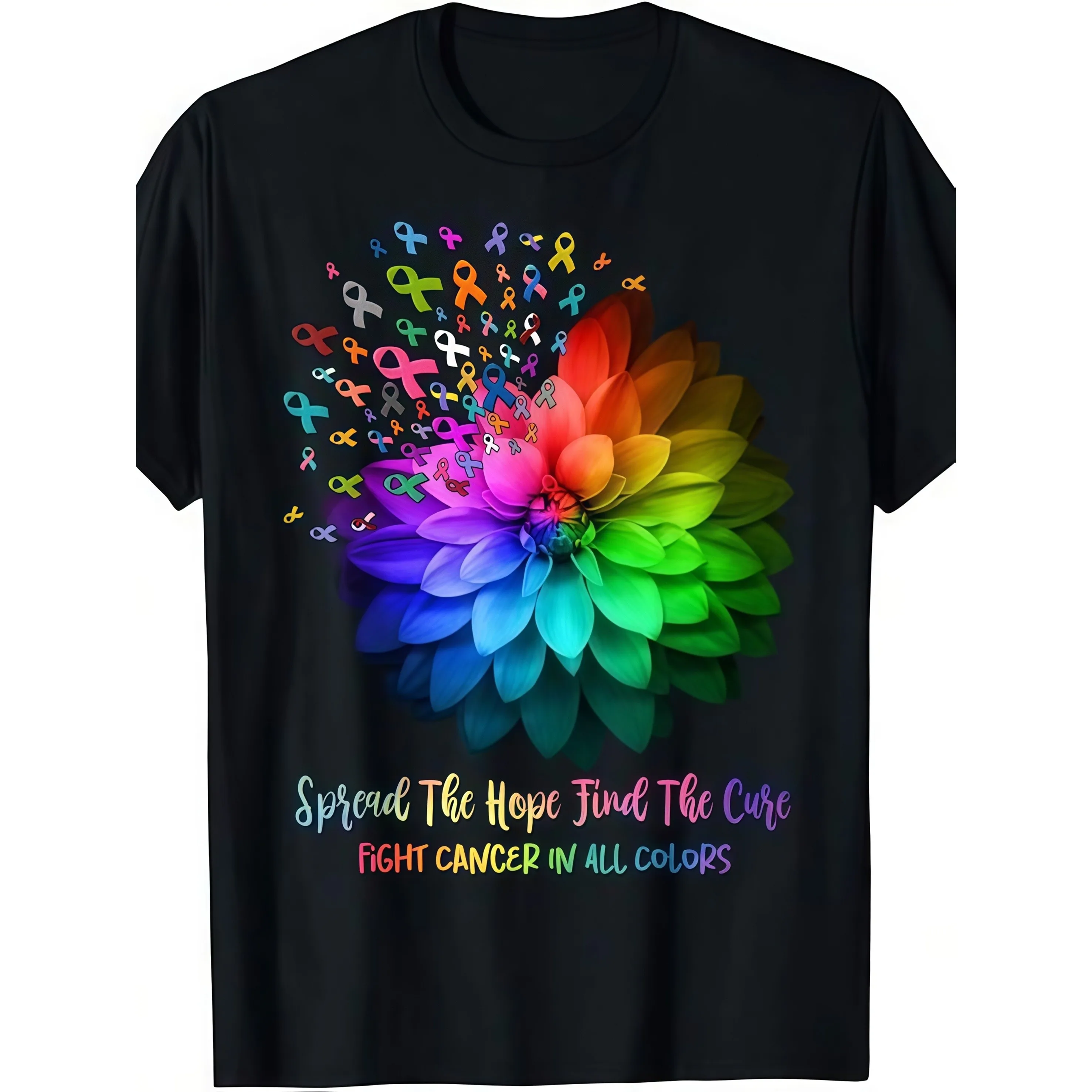 100_Awareness Theme T-Shirt with Ribbon and Daisy Print Short Sleeve Crew Neck