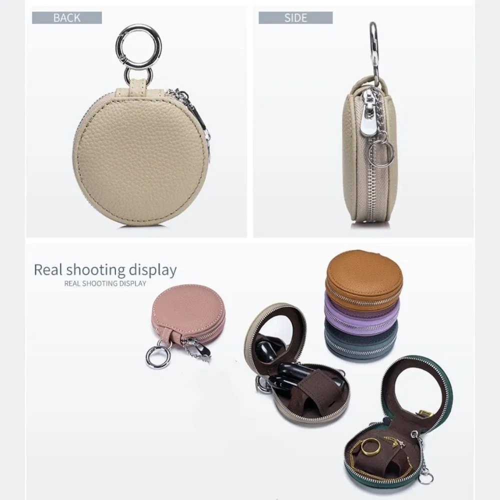 Mini Cute PU Leather Coin Purse with Mirror Coin Bag Round Wallet Korean Style Zipper Earphone Bag Ladies/Girls