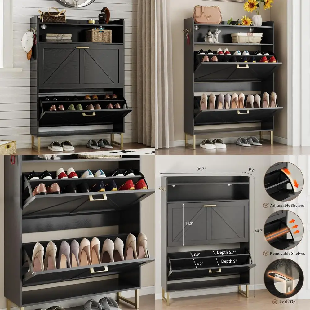 

Narrow Wooden Shoe Cabinet with Flip Drawers - Slim Storage Organizer for Entryway Freestanding Rack