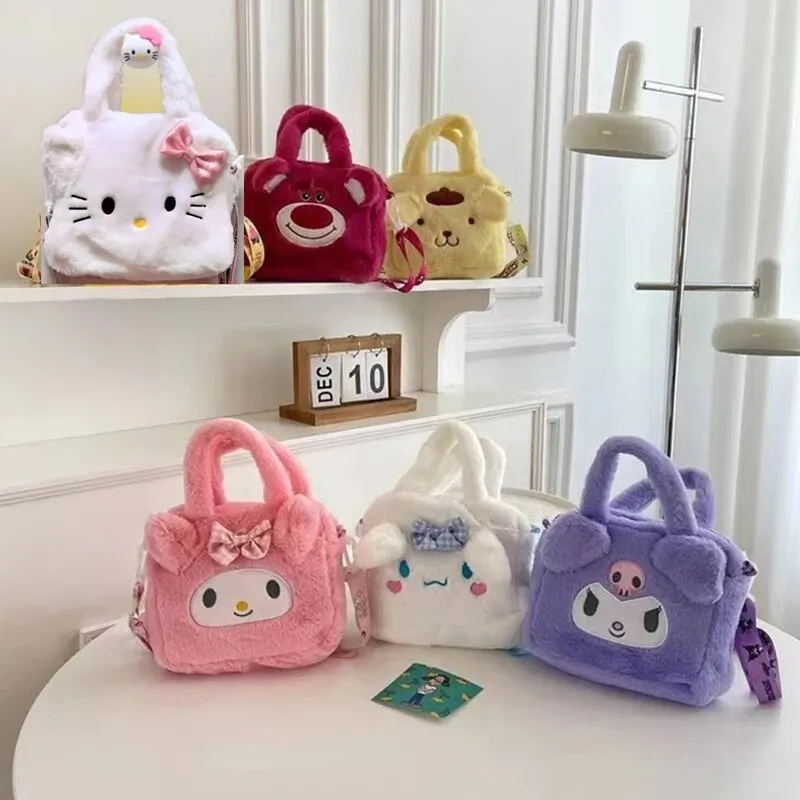 Sanrio Plush Bag Kuromi Melody Hello Kitty Cartoon Portable Handbag Crossbody Cosmetic Anime Kawaii Storage Bag Women Girls Gift