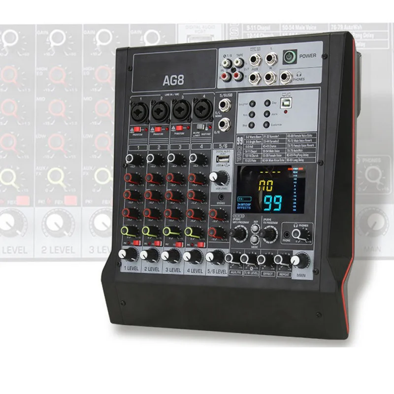 

Профессиональный микшер AG-8 со встроенными 99 DSP-эффектами, USB, Bluetooth, подходит для использования в барах, на сцене, на конференциях и для выступлений.