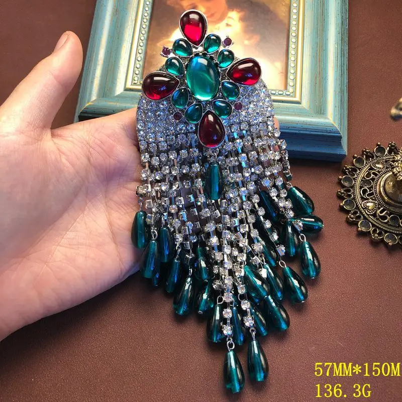 Bohemian style jewelry green red inlaid gemstone tassel drop pendant brooch temperament versatile jewelry