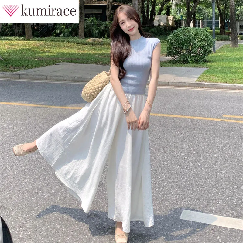 

Summer Korean Fashion Temperament Outfit Set, Blue Lace Up T-shirt, Women's Loose Wide Leg Skirt Pants Two-piece Set Pant Sets