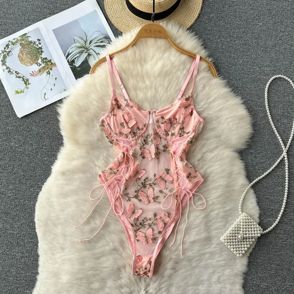 Foamlina Nữ Bướm Hồng Thêu Bodysuits Gợi Cảm Spaghetti Dây Xem Qua Lưới Cột Dây Băng Câu Lạc Bộ Thân Áo