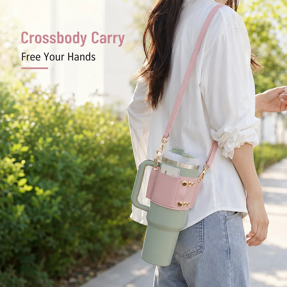 PU Leather Tumbler Carrier with Shoulder Strap Card Pocket Key Holder Crossbody Cup Sleeve Compatible with Stanley 30/40oz