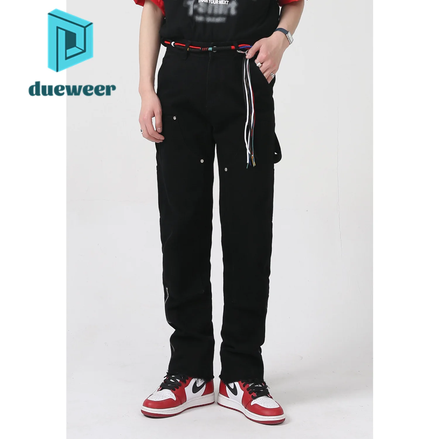 

DUEWEER Men's Straight Zipper Design Jeans Hip Hop Black Streetwear Distressed Trousers for Men Baggy Punk Goth Denim Pants