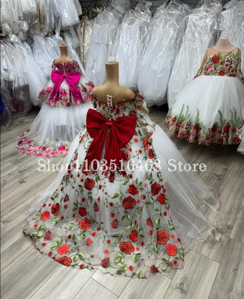 Floral Mexican Embroidery Mini Quinceanera Dresses White Strapless Tulle With Bow Shawl Flower Girl Dresses vestidos para niรฑas