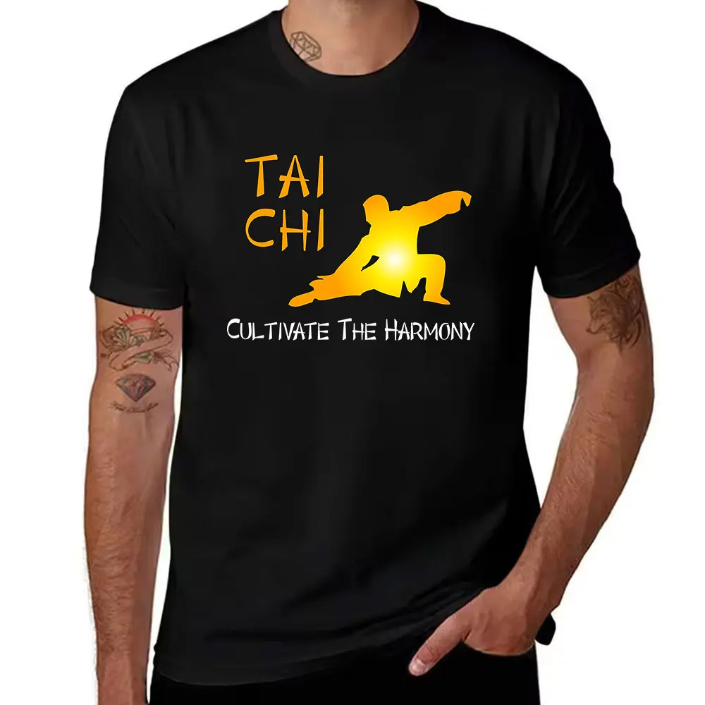 Men's Cotton Tai Chi Graphic T-Shirt, Cultivate Harmony Casual Short Sleeve Tee for Martial Arts Lovers