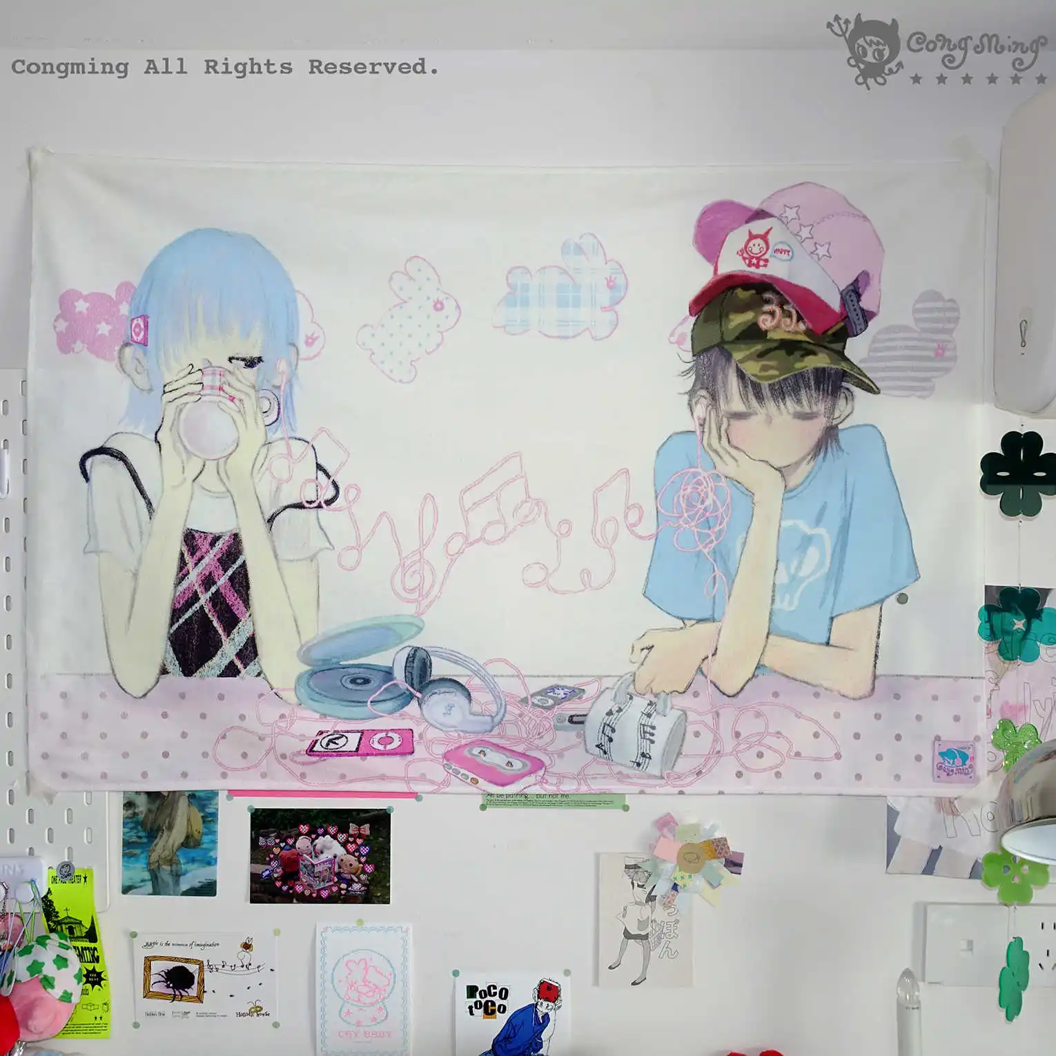 VIKAMA Kawaii Anime Couple Tapestry Y2K Aesthetic Music Theme Wall Hanging for Bedroom Dorm