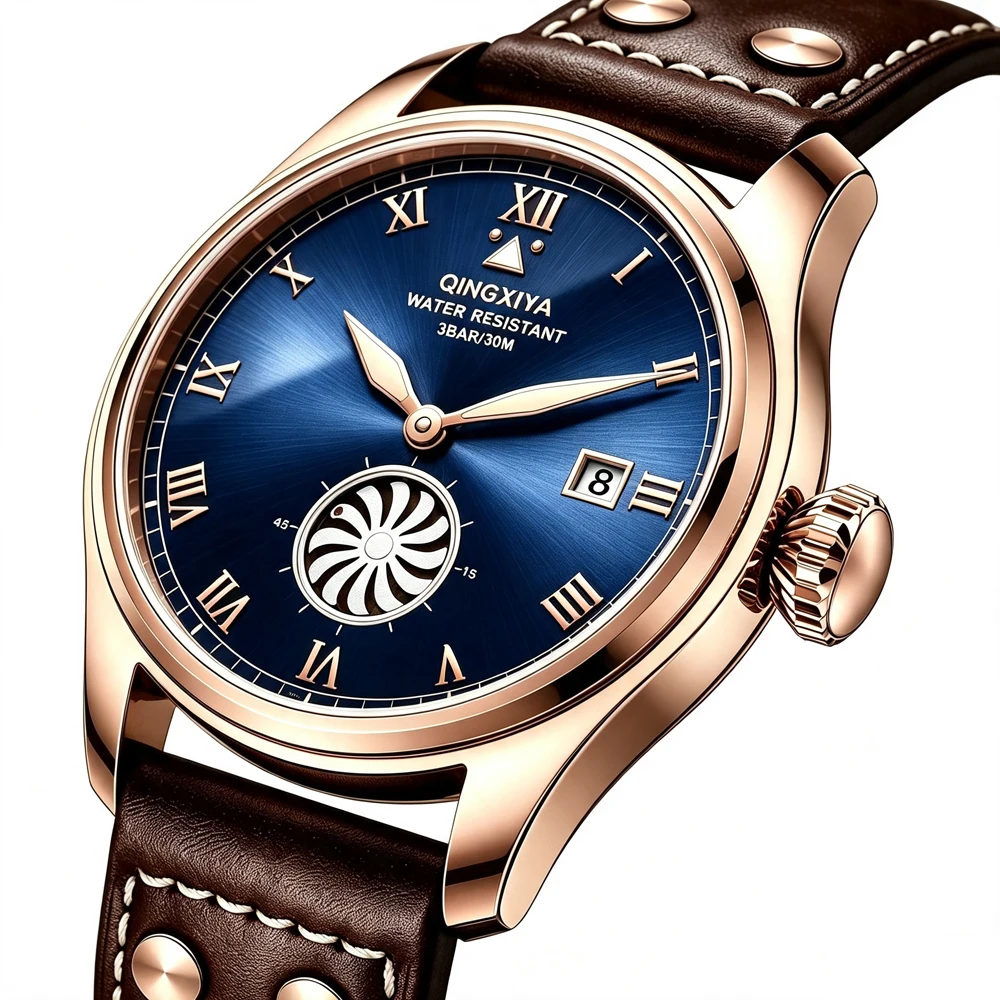 QINGXIYA Marken-Modeuhren für Herren, Turbinen-Sekundenanzeige, Quarzuhr für Männer, Hochwertige Leder-Armbanduhr, Wasserdicht, mit Datumsanzeige – Detail 12