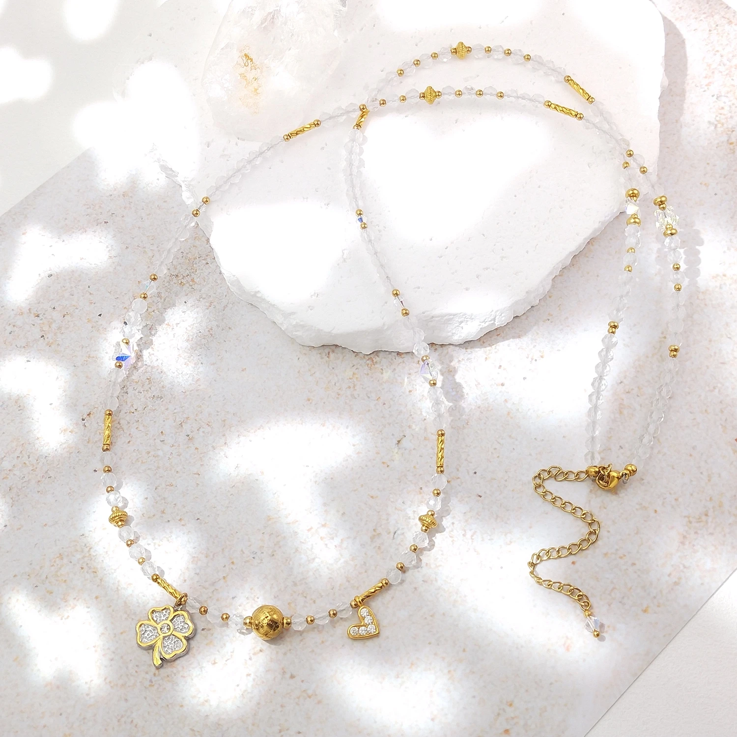 Lii Ji 4mm Clear Quartz Stainless Steel Gold Plated Waist Chain 74+9cm Natural Stone Handmade Jewelry