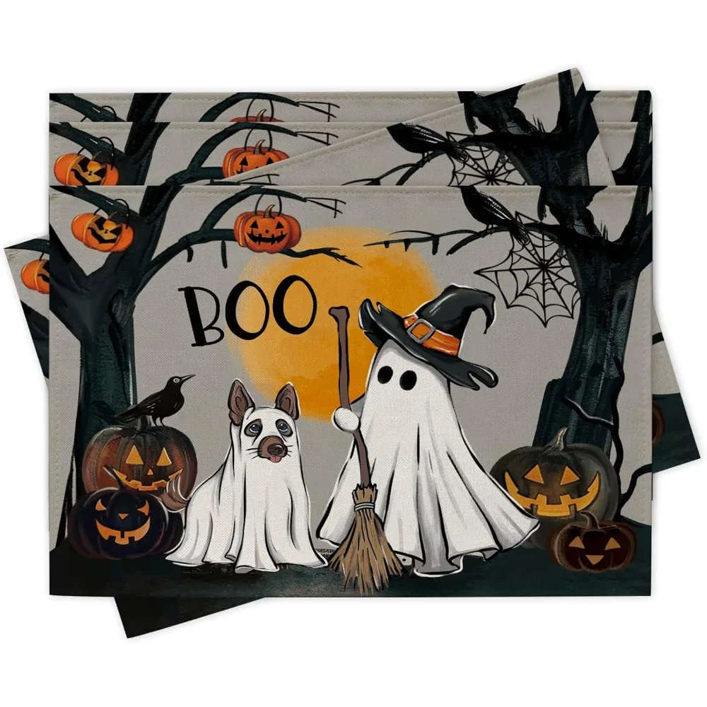 Halloween Spooky Dog Ghost Boo Placemat Linen Placemats Durable Hand Washable Perfect for Parties & Home Decor