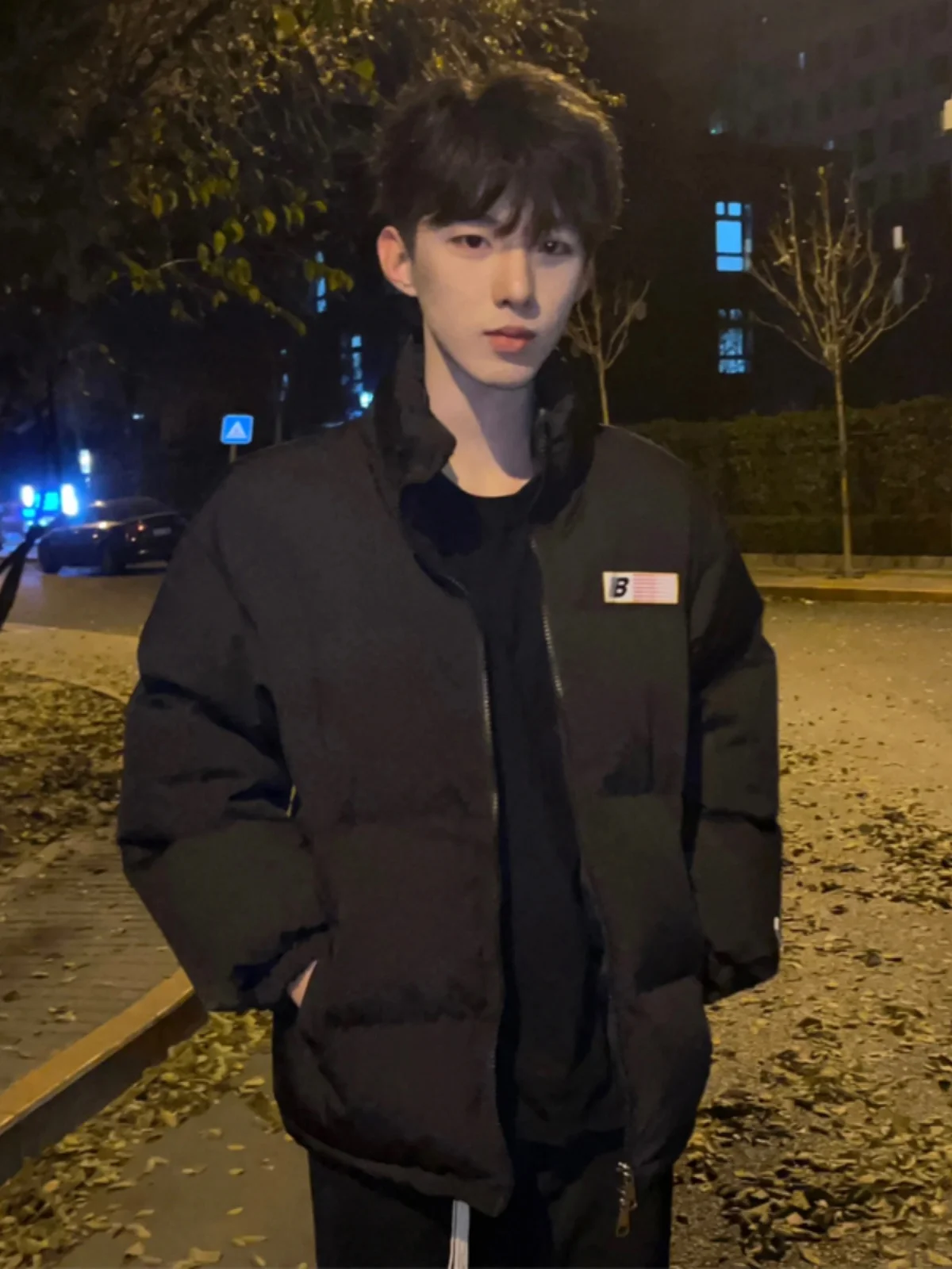 

Thiened Cotton Jaet Men's Winter Coat Flag Print Retro American Sle Stand Collar Youthful Resistant to Cold Outerwear