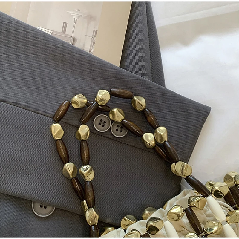 Ausgehöhlte Holzperlen-Handtasche mit gewebtem Obergriff und Canvas-Innentasche mit Kordelzug, koreanische leichte schicke Strandtasche für Damen – Detail 9
