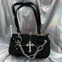 Women Small Cross Shoulder Bag Gothic Grunge Black Handbag Fashion Chain Y2k Underarm Bags Girls Punk Purse Ins Motor Biker New