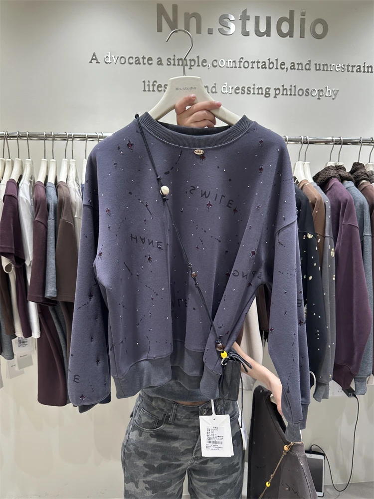 الماس ربيع الخريف المرأة البلوز كل مباراة فضفاضة جولة الرقبة البلوز أعلى طويلة الأكمام عارضة الإناث القطن هوديي قمم #5