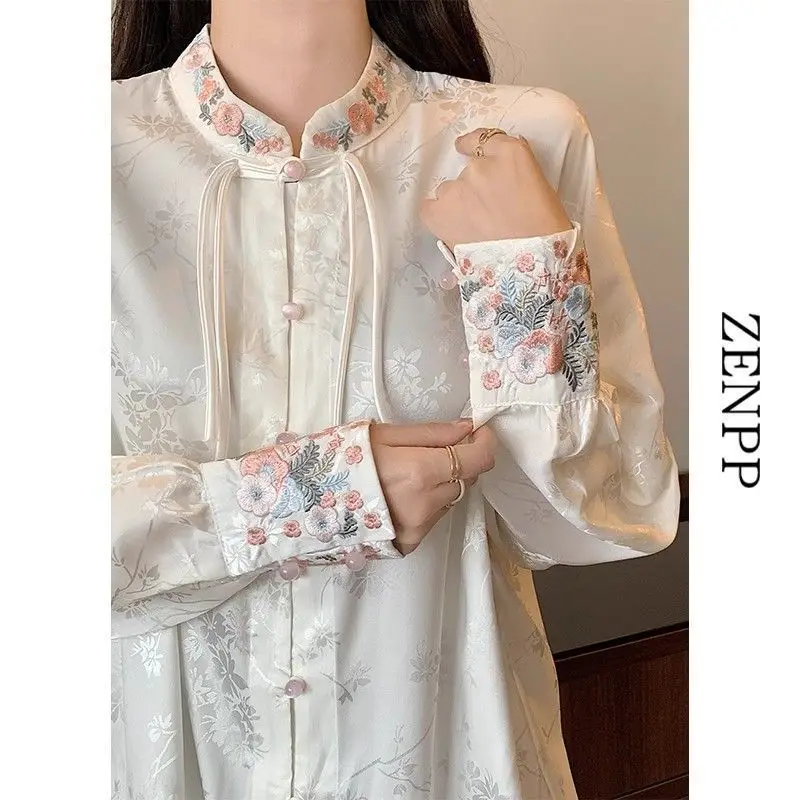 

Негабаритная винтажная шифоновая рубашка в китайском стиле с вышивкой, женская ранняя весна, пухлая рубашка, уникальный стильный новый китайский стиль