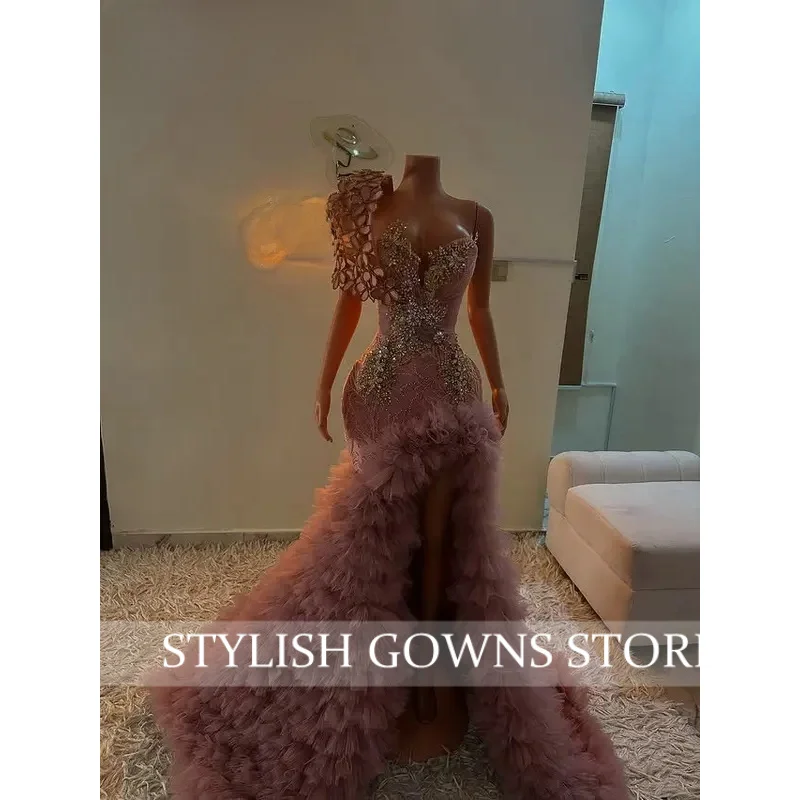 Pink Long Prom Dresses with Side Slit Luxury Mermaid Black Girls 3D Flowers Beaded Rufflues African Evening Gowns Customized