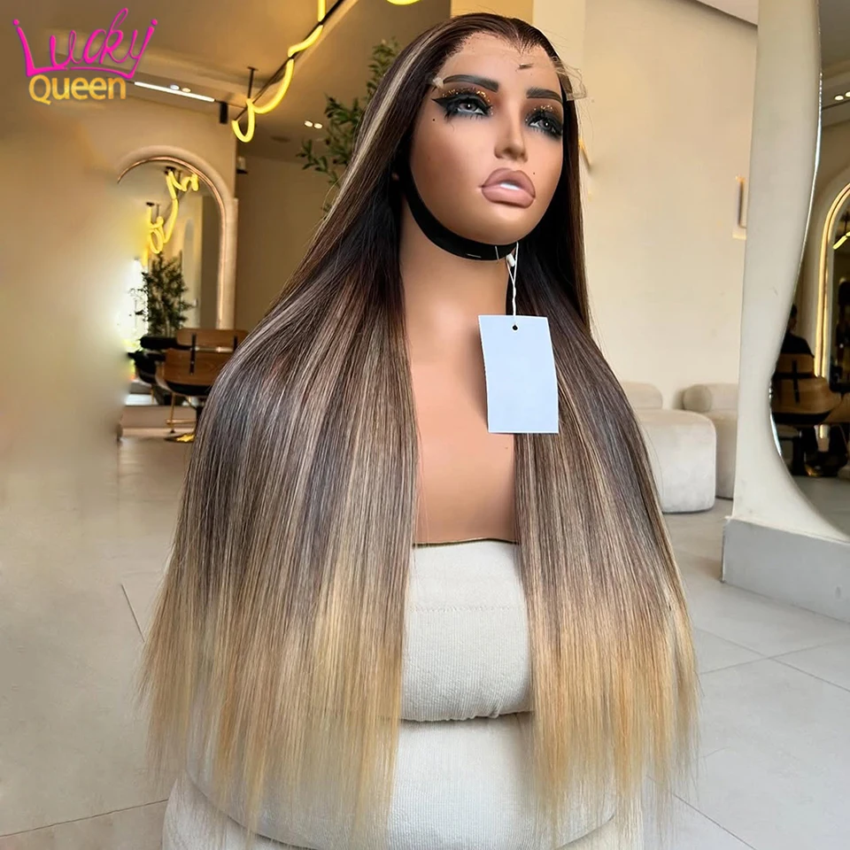 

Straight Pre Plucked Ombre Brown Blonde Human Hair 180Density 13X6 Frontal 5X5 Closure Brazilian Wigs Transparent Lace For Women