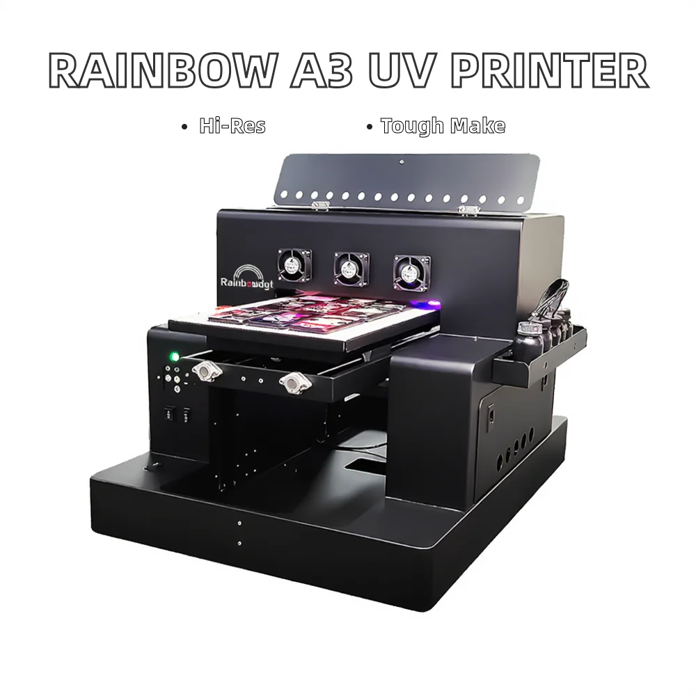 STLF JW Rainbow A3 Automatic UV Flatbed Printer with XP600 Print 2400 DPI for Polyethylene (PE) Mobile Back Cover Printing