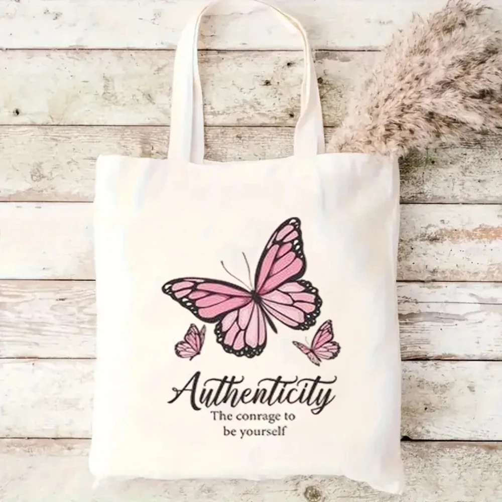 

Canvas Tote Bag Women Cotton Shoulder Bag Pink Butterfly Cherry Blossom Print You Are So Beautiful Shopping Handbag