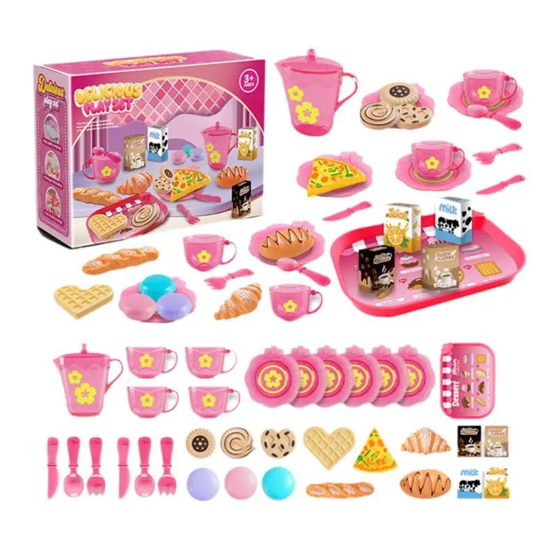 WOWFU-33Pc maison de jeu ensemble de cuisine enfants thé fête ensemble de jeu pour enfants, jeu de rôle avec Dessert et vaisselle