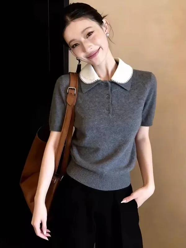 Gray Doll Collar Short Sleeve Knitted T-Shirt Women's Summer New High Intelligence Sensation Unique Top Korean Style Loose Fit