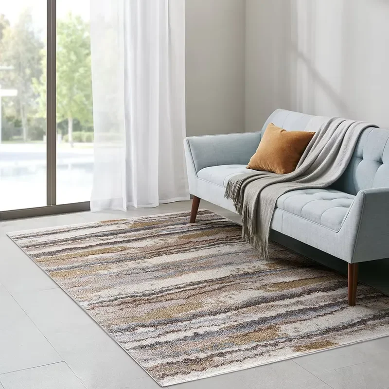 Neutral Abstract Marble Striped Area Rug, Non-Slip Washable Modern Carpet for Living Room Bedroom, Stain Resistant Floor Mat