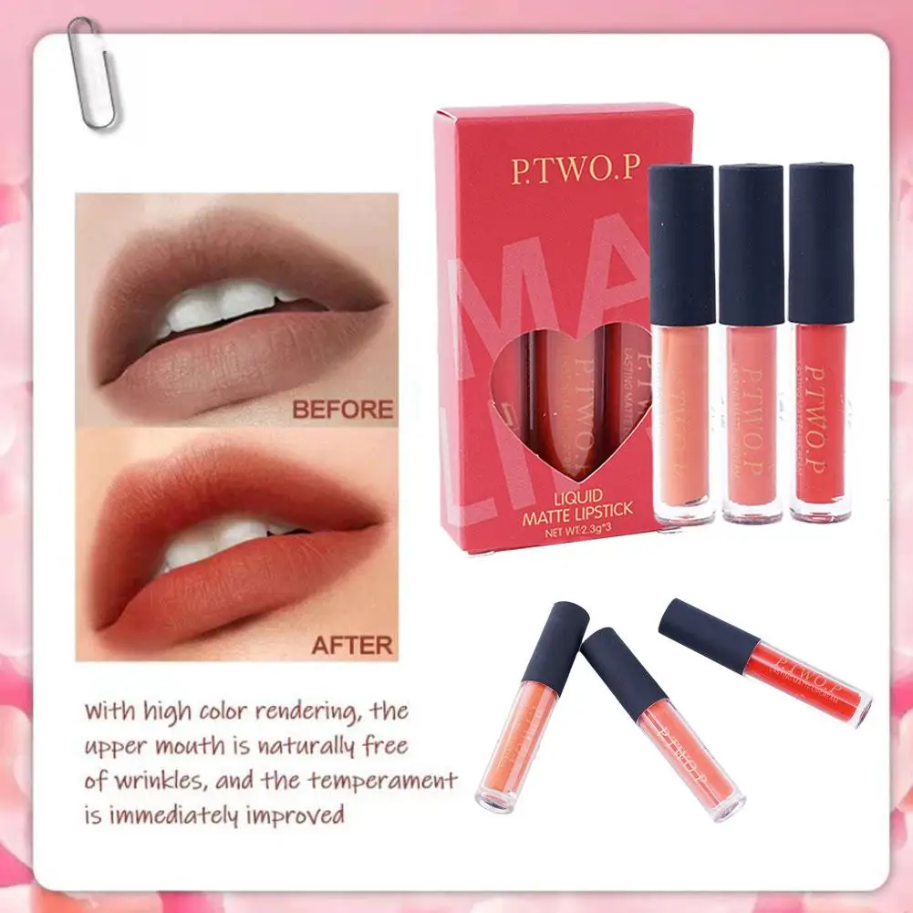 P.two.p 3pc Long Lasting Liquid Matte Lip Gloss Liquid Red Makeup Lip Waterproof Nonstick Lip Gloss Lipstick Beauty Cup F4v5