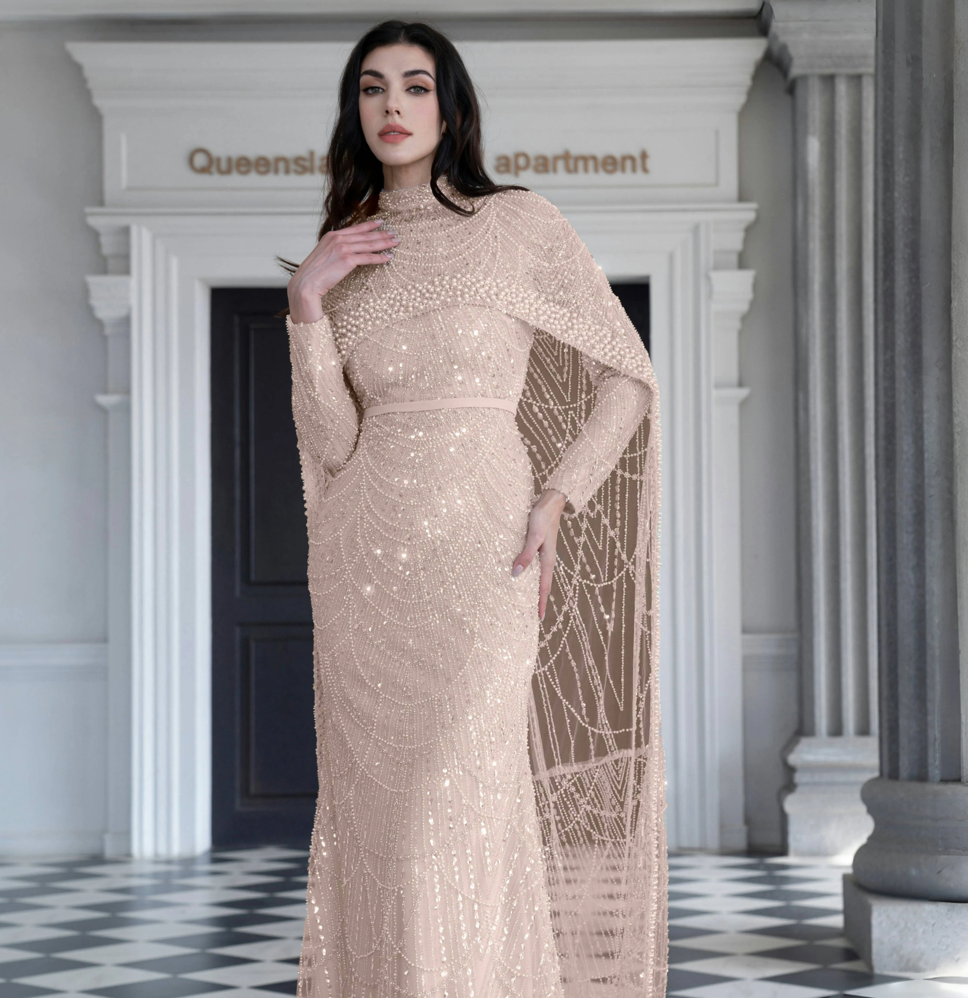 Alice CollectionPro Dubai Arabic Champagne Evening Dresses Gowns 2024 Long Cape Wedding Prom Dress for Woman Luxury Customized