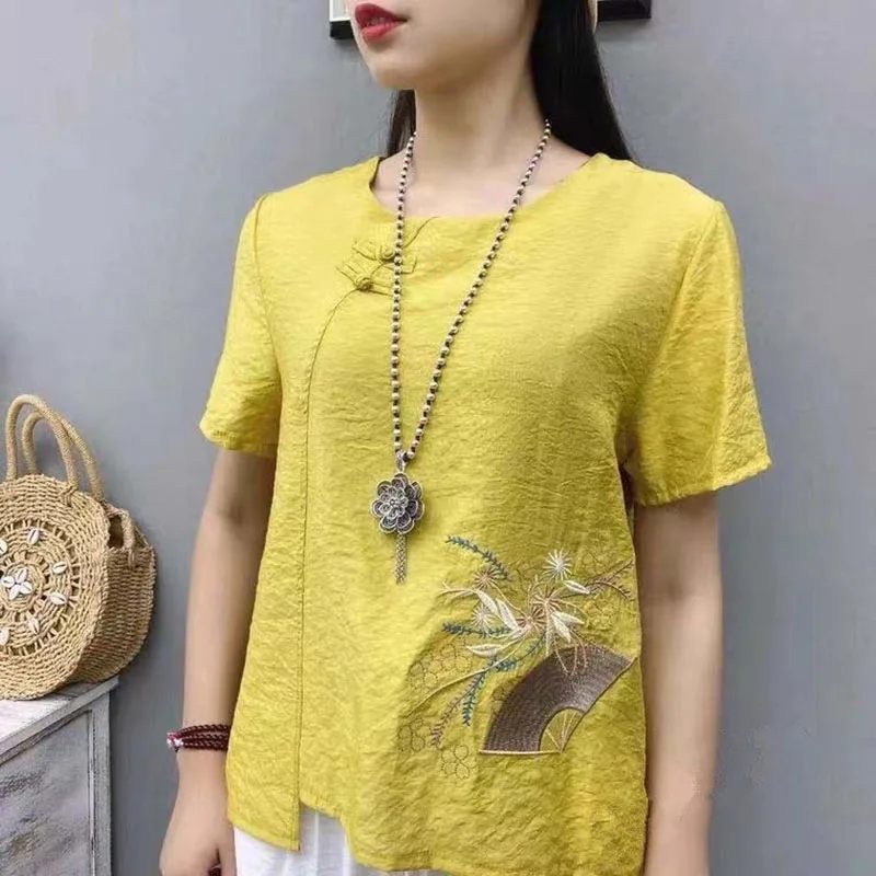 Vintage O-Neck Button Irregular Embroidery Blouse Women's Clothing 2023 Summer New Oversized Casual Pullovers Asymmetrical Shirt
