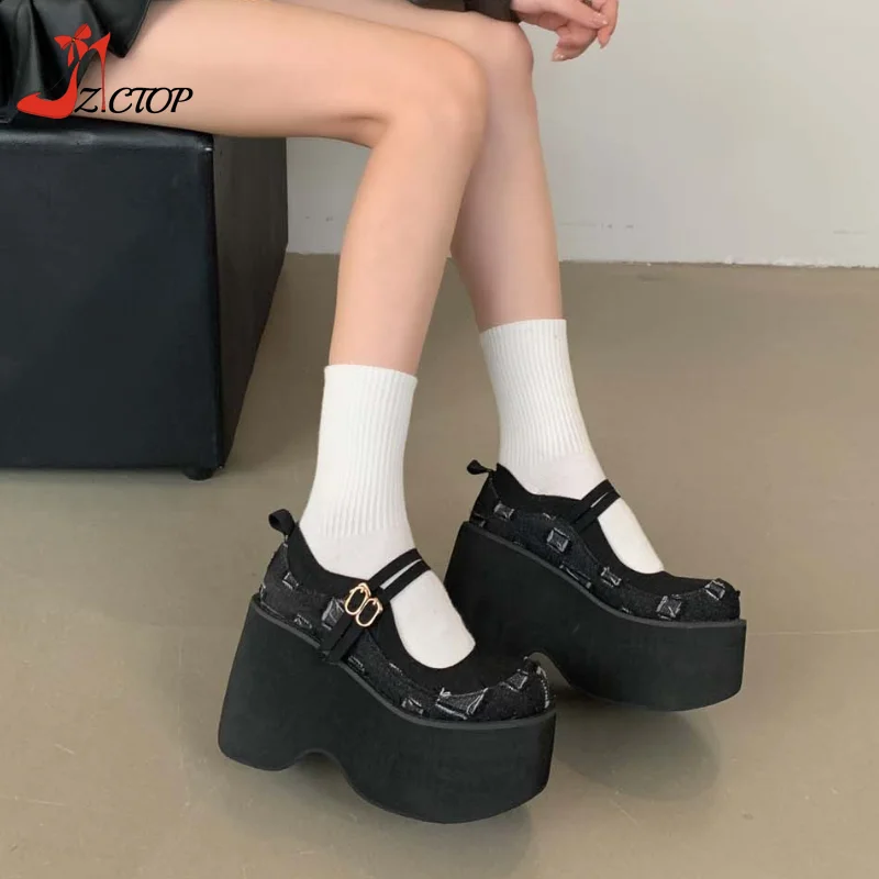 Chunky Platform Women Pumps Spring Autumn New Mary Jane Super High Heels Denim Round Toe Wedges Lolita Gothic Shoes