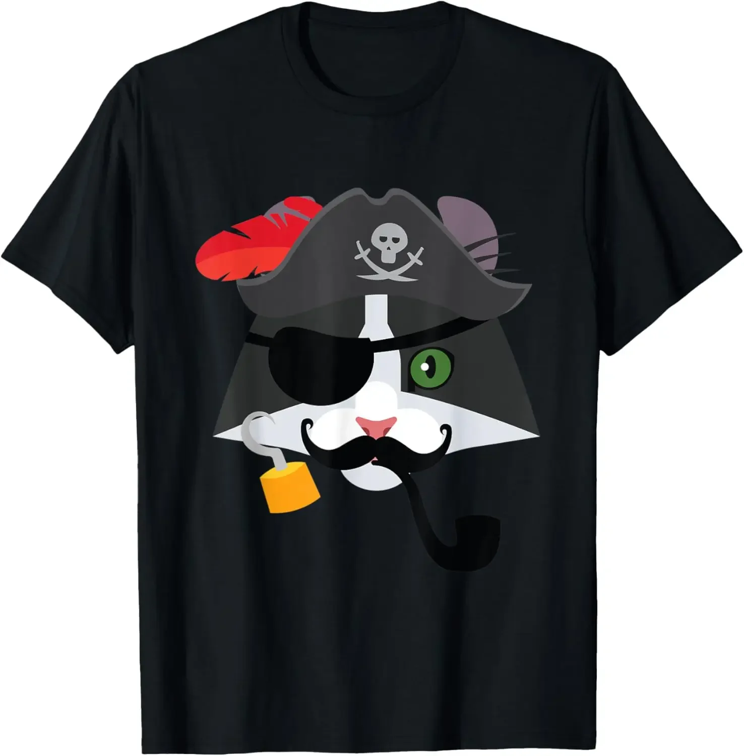 

Pirate Cat With Hook Mustache Graphic Tee Short Sleeve Cotton T-Shirt Casual For Men