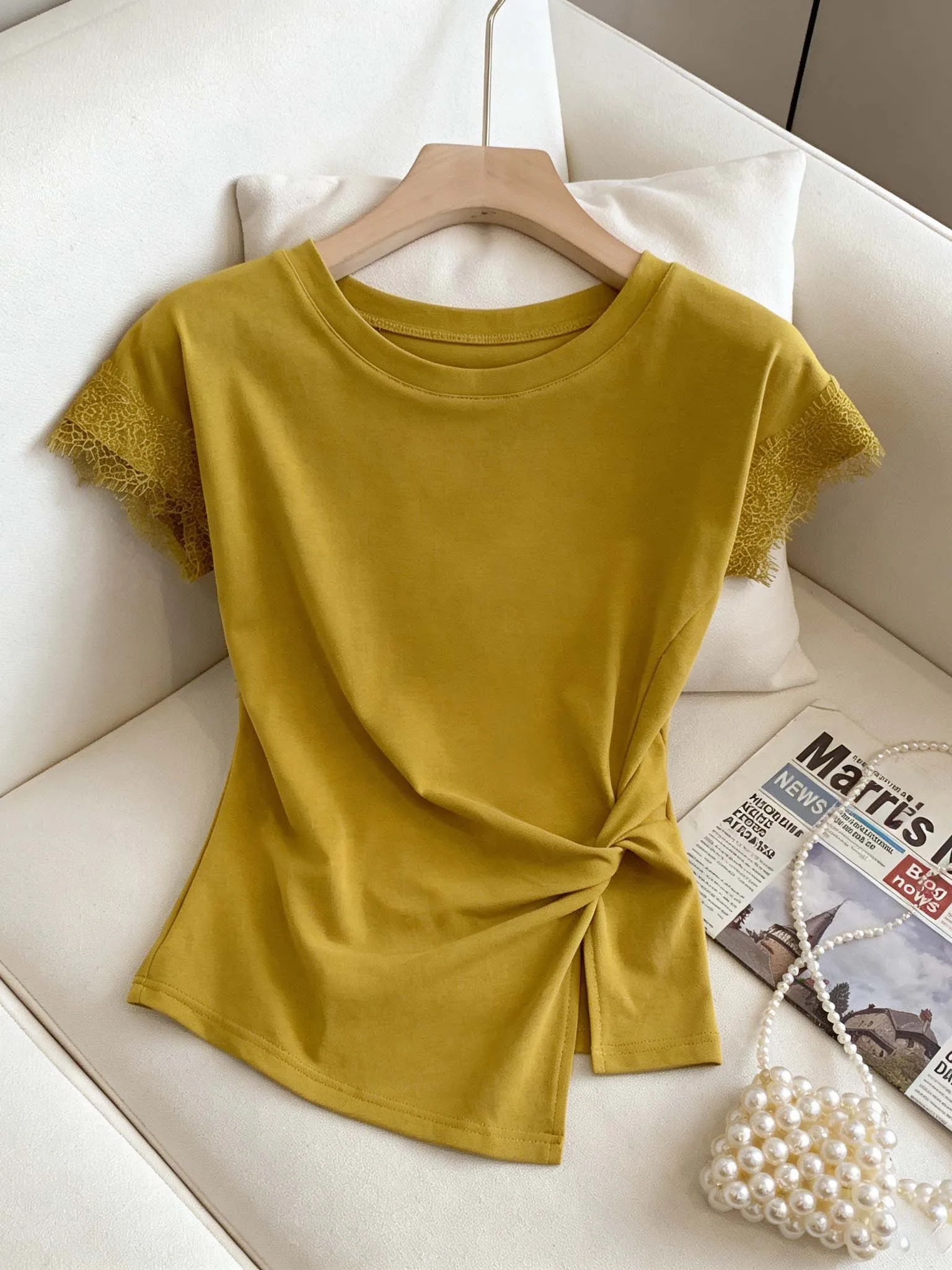 

plus Size Summer T-Shirt Women's Flounce Sleeve Lace Hem Asymmetrical Short Sleeve Top Highlighting Body Shape Breathable Ski...
