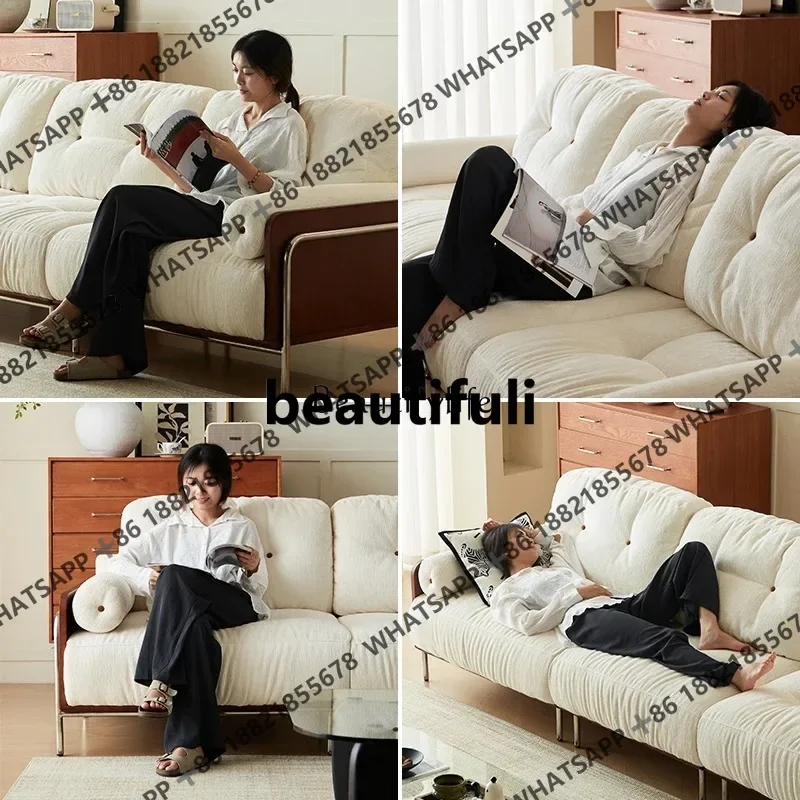 Q178 French retro living room solid wood straight row chenille fabric small apartment medieval sofa