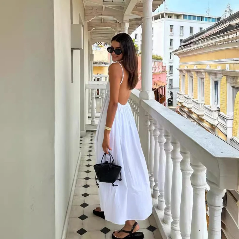 

Summer Women Long Sling Dress White Sleeveless Backless V-neck High Waist Long Dress Female Holiday Causal Loose Midi Dresses