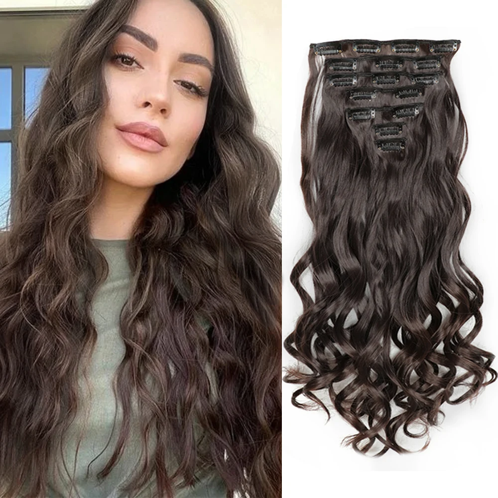 24 inch synthetic black brown hair 16 clip in hair extension clip for women long wavy hair extension clip wig