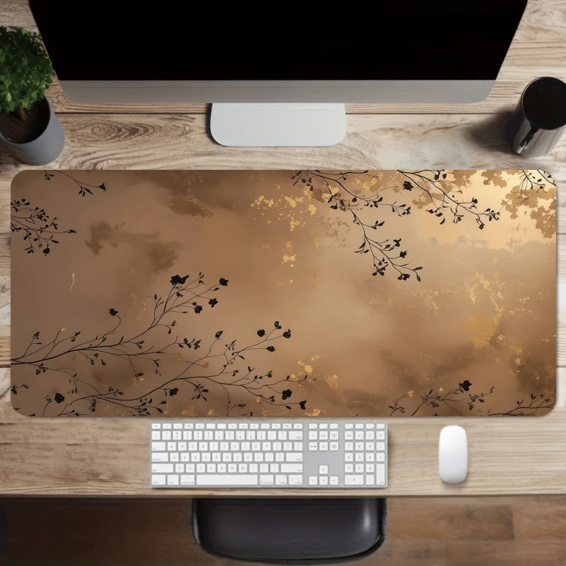 Aesthetic Gold Foil Botanical Desk Mat, Extended Non-Slip Rubber Gaming Mouse Pad with Warm Tone Branch Design