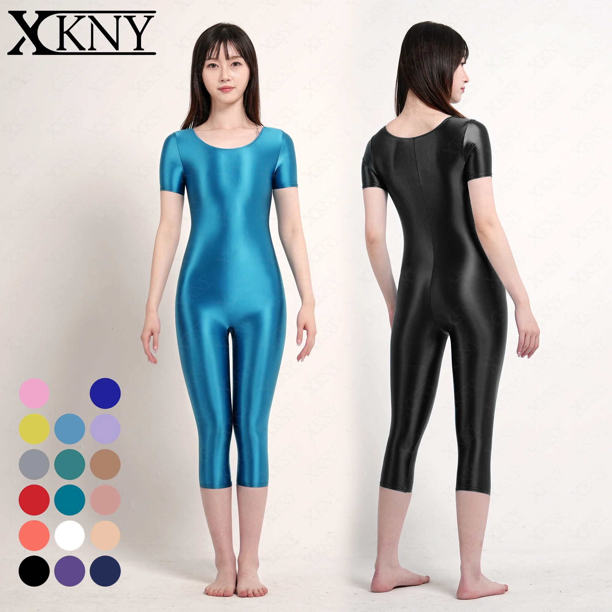 

XCKNY satin glossy tights oily silky round neck suit Yoga Leotards short sleeved 7-point length pants tights unisex swimsuit