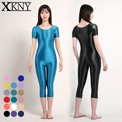 XCKNY satin glossy tights oily silky round neck suit Yoga Leotards short sleeved 7-point length pants tights unisex swimsuit