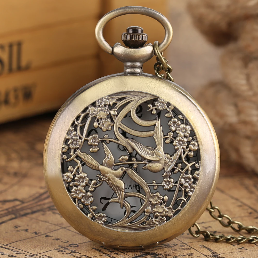 Hollow Out Flowers Magpies Bronze Half Hunter Quartz Pocket Watch with 80 cm Necklace Vintage Pendant Clock Gift for Men Women