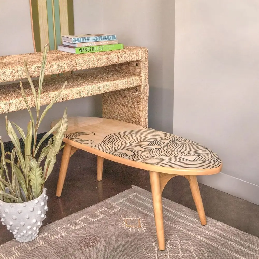 Ocean-Inspired Natural Wood Surfboard Coffee Table with Wave Pattern